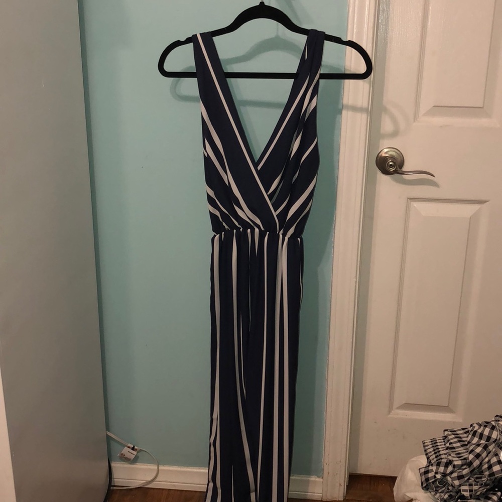 Navy white stripe wrap front jumpsuit